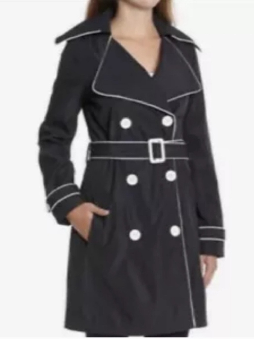 VNTG Y2K VERTIGO PARIS Black & White Trim Belted Trench Coat Size XS NWOT $360